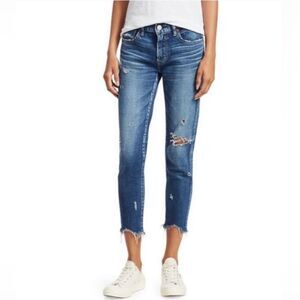 Moussy Vintage Distressed Raw Frayed Hem Skinny Blue Jeans in Size 26